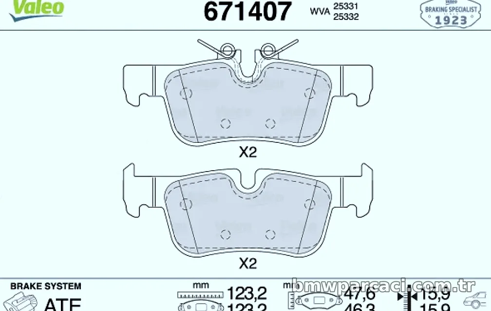 FREN BALATASI ARKA BMW F45 F48 F39 MINI F60 F54 - Valeo - VALEO 671407